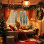 Karácsonyi díszítés hangulatos nappaliban, télies hangulatban.