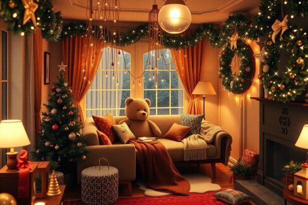 Karácsonyi díszítés hangulatos nappaliban, télies hangulatban.