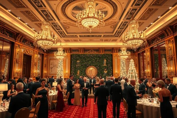 Elegáns szilveszteri bál estélyi ruhákban, díszes terem