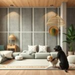 Két házi kedvenc egy modern nappaliban, kényelmes bútorok között.