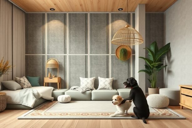 Két házi kedvenc egy modern nappaliban, kényelmes bútorok között.