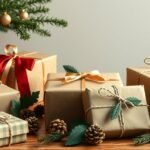 Fenntartható karácsonyi ajándékok csomagolva, ünnepi hangulatban.