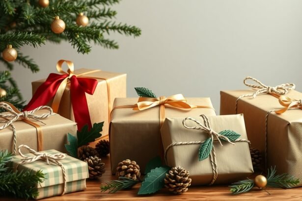 Fenntartható karácsonyi ajándékok csomagolva, ünnepi hangulatban.