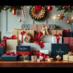 Karácsonyi üzleti ajándékok díszítve vörös és arany szalaggal.
