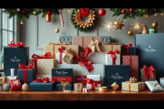 Karácsonyi üzleti ajándékok díszítve vörös és arany szalaggal.