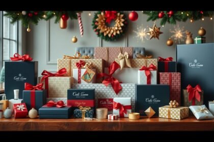 Karácsonyi üzleti ajándékok díszítve vörös és arany szalaggal.