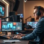 3D animátor számítógép előtt, animációs munkakörnyezetben