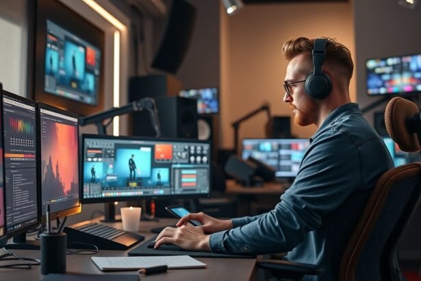 3D animátor számítógép előtt, animációs munkakörnyezetben