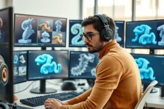 3D modellező munka közben, számítógépes képernyőkkel