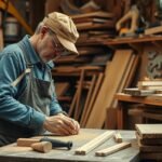 Ács munkája fával egy műhelyben, precíziós munkafolyamat