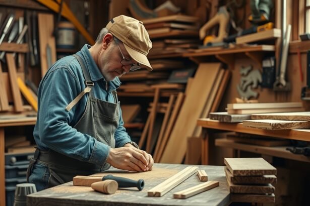 Ács munkája fával egy műhelyben, precíziós munkafolyamat