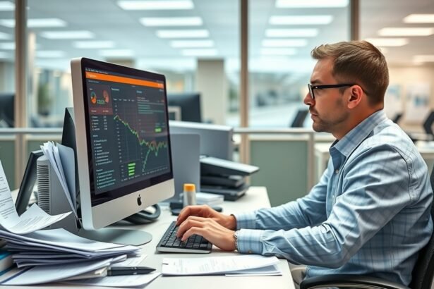 Adatrögzítő munkát végző férfi az irodában.