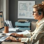 Adminisztrátor munka közben modern irodában, számítógép előtt.