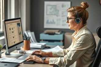 Adminisztrátor munka közben modern irodában, számítógép előtt.