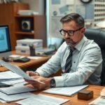 Adóellenőr egy irodában dokumentumokkal és számítógépekkel dolgozik.