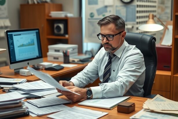 Adóellenőr egy irodában dokumentumokkal és számítógépekkel dolgozik.
