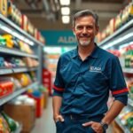 Aldi dolgozó a boltban, termékekkel teli polcok mellett.