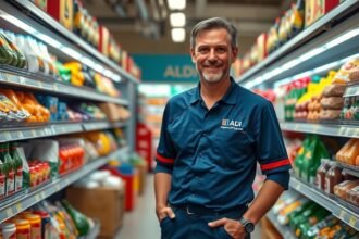 Aldi dolgozó a boltban, termékekkel teli polcok mellett.