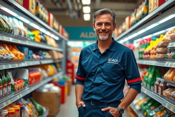 Aldi dolgozó a boltban, termékekkel teli polcok mellett.