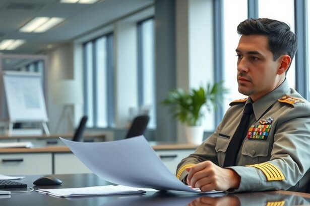 Alezredes az irodájában, papírokat nézve