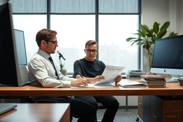 Két férfi beszélget egy irodai asztalnál, jogi dokumentumokat átbeszélve.