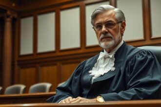 Alkotmánybíró bírósági ruhában egy tárgyalóteremben