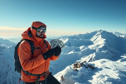 Alpinista pénz a hegycsúcson, csodás tájjal a háttérben