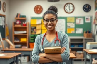 Alsós tanító mosolyogva könyvvel a kezében egy osztályteremben.