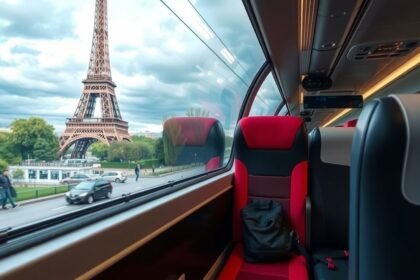 Vonat ablakából nézve az Eiffel-torony Párizsban
