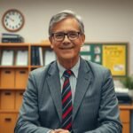 Általános iskolai igazgató az irodájában, mosolyogva néz a kamerába.