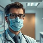 Általános orvos munkahelyi környezetben, maszkban