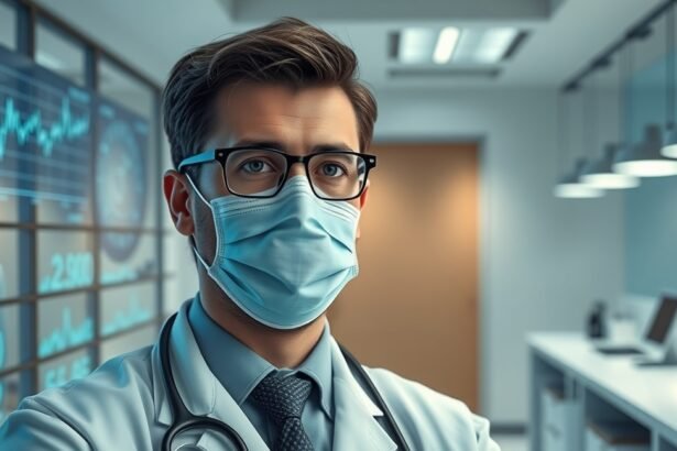 Általános orvos munkahelyi környezetben, maszkban