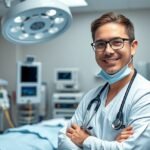 Aneszteziológus szakasszisztens mosolyog a műtőben