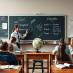 Angoltanár a tanteremben, diákok előtt angolt tanít.