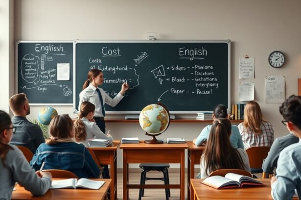 Angoltanár a tanteremben, diákok előtt angolt tanít.