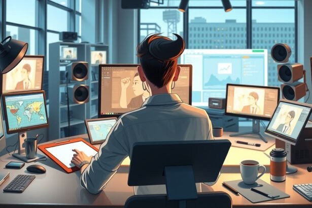 Animátor munkaterülete, grafikával és számítógépekkel dolgozik.