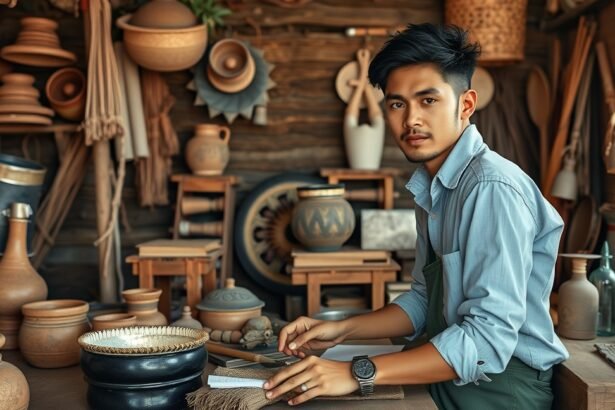 Fiatal férfi, aki kerámiákat készít egy műhelyben