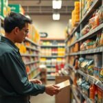 Árufeltöltő munka közben boltban, áruk átvizsgálása