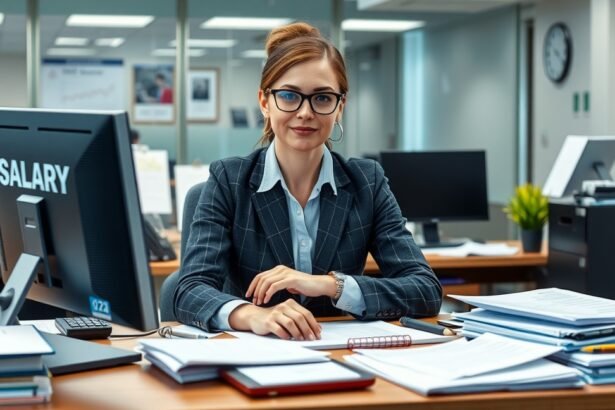 Asszisztens az irodában ülve, a fizetésről beszélgetve.