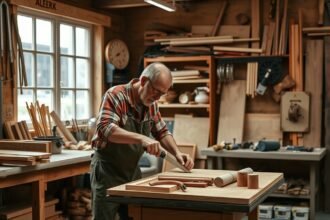 Asztalos munkája a műhelyben, faanyag és szerszámok mellett.