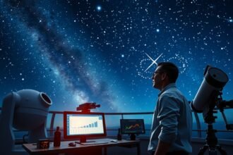 Asztrofizikus a csillagos ég alatt, adatokat elemző számítógéppel