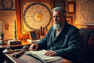 Idős asztrológus könyv felett, asztali dekorációval és órával.
