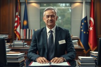 Attasé az irodájában, nemzetközi zászlók mögött ülve.