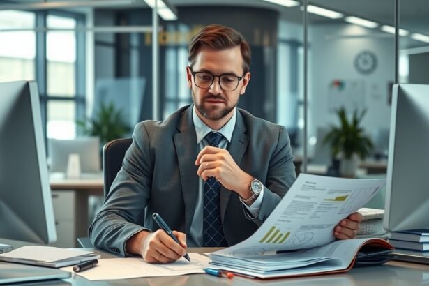 Auditor dolgozik irodai környezetben, pénzügyi jelentéseket elemezve.