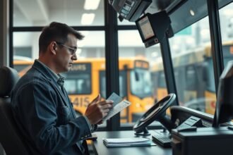 Autóbuszvezető az irodában, a fizetésről és munkáról tájékozódva