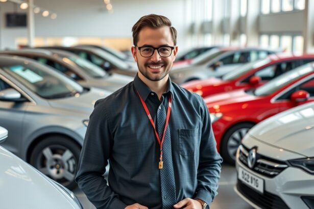 Autóértékesítő mosolygó fiatal férfi egy autókereskedésben.