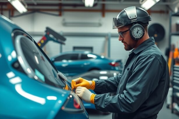 Autófényező dolgozik egy műhelyben, szakszerűen festi az autót.