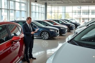 Autókereskedő dolgozik készlet alatt egy bemutatóteremben