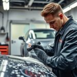 Autókozmetikus autó tisztítása egy műhelyben