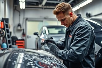 Autókozmetikus autó tisztítása egy műhelyben